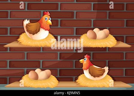 Illustration of two hens laying eggs at the wooden shelves Stock Vector