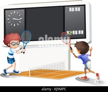 Illustration of the boys playing tennis with a big scoreboard on a white background Stock Vector