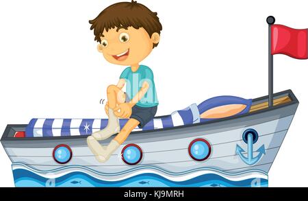 Illustration of a boy sitting in the boat fixing his sock on a white background Stock Vector