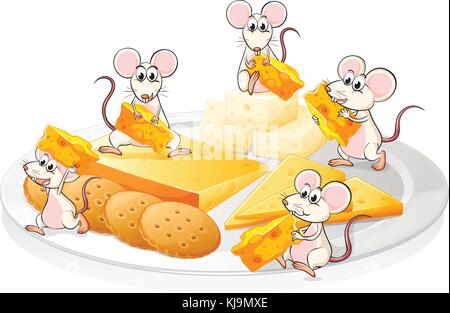 Illustration of the five mice with cheese and biscuits on a white background Stock Vector