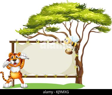 Illustration of a blank signage with a tiger and a bee on a white ...