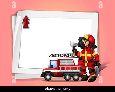 Illustration of a fireman holding an ax beside his fire truck with a white blank paper Stock Vector