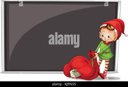 Illustration of an elf beside a blank board on a white background Stock Vector