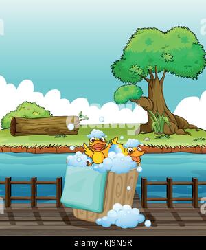 Illustration of ducklings playing in a pail full of bubbles Stock Vector