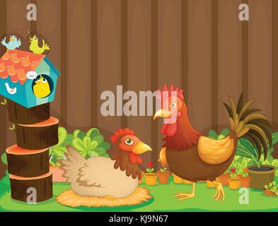Illustration of a hen and a rooster beside the bird house Stock Vector