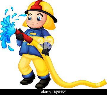 Illustration of a fireman holding a yellow water hose on a white background Stock Vector