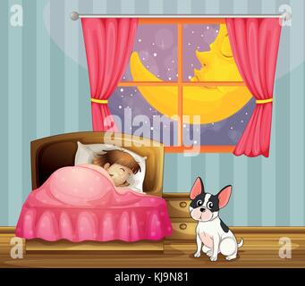 Illustration of a girl sleeping in her room with a dog Stock Vector