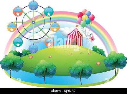 Illustration of an amusement park with a butterfly on a white background Stock Vector