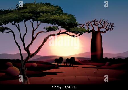 Illustration of a desert with a sunset view Stock Vector