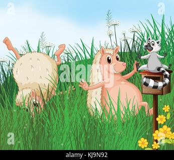 Illustration of wild animals playing in the hills with a mailbox Stock Vector