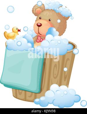 Illustration of a bear inside the pail full of bubbles on a white background Stock Vector