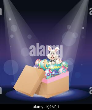Illustration of a bunny inside a box full of easter eggs Stock Vector