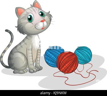 Illustration of a gray cat playing with a string ball under a tree on a ...