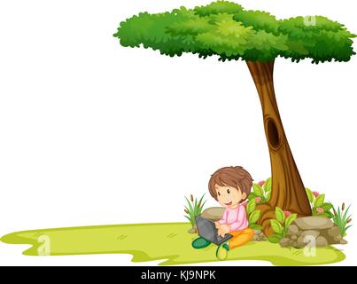 Illustration of a boy with a laptop under a tree on a white background Stock Vector