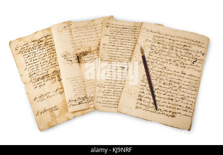 Pile of old vintage manuscripts with nib  isolated on white Stock Photo