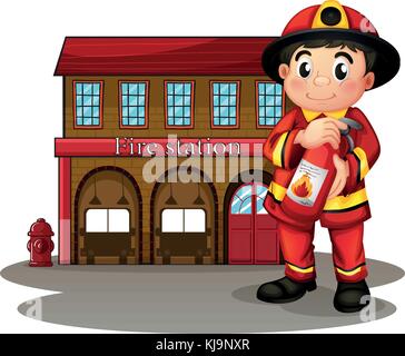 Illustration of a fireman in front of a fire station holding a fire extinguisher on a white background Stock Vector