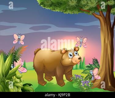 Illustration of a bear under the tree with four butterflies Stock Vector