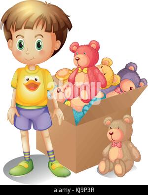 Illustration of a boy beside a box of toys on a white background Stock Vector