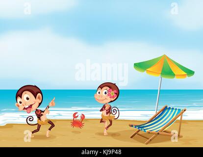 Illustration of the two monkeys dancing with a little crab at the beach Stock Vector