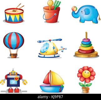 Illustration of the nine different kinds of toys on a white background Stock Vector