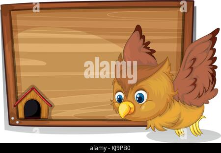 Illustration of a flying owl beside a wooden blank board on a white background Stock Vector