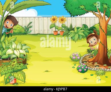 Illustration of a boy and a girl hiding in the garden Stock Vector