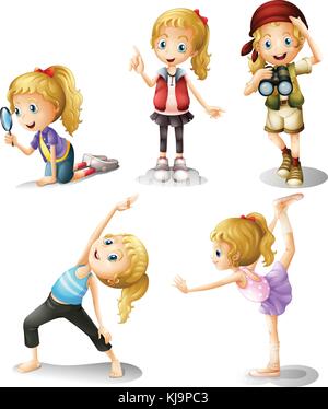 Illustration of five girls doing different things on a white background Stock Vector