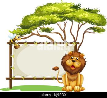 Illustration of a bee and a lion and the empty signage on a white ...
