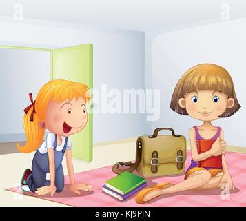Illustration of the two girls inside a room with books Stock Vector