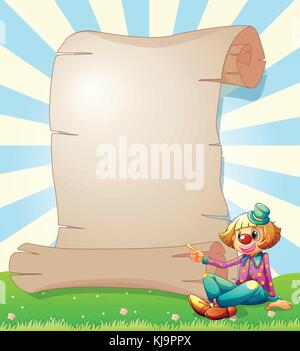 Illustration of a clown beside an empty signage on a white background ...