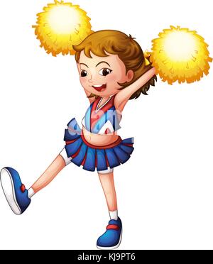 Cute Cheerleader Girl in a Yellow Tank and Blue Shorts Holds Pompons and  Dances / Jumps Stock Image - Image of cheerleading, adorable: 181952739