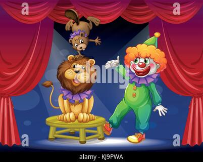 Illustration of a clown with animals at the stage Stock Vector