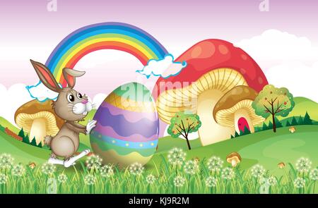 Illustration of a bunny pushing an easter egg Stock Vector