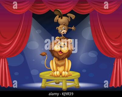 Illustration of a lion and a beaver performing on the stage Stock Vector