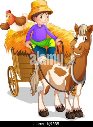 Illustration of a farmer riding a cart with a chicken above his head on ...