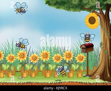 Illustration of four bees in the garden Stock Vector