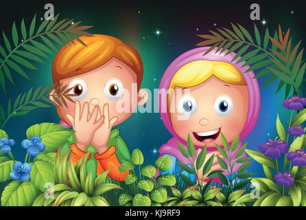 Illustration of a young girl and boy hiding in the garden Stock Vector