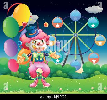Illustration of a ferris wheel and the clown with balloons Stock Vector