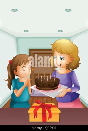 Illustration of a girl wishing before blowing her birthday cake Stock Vector