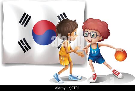 Illustration of the two boys playing basketball in front of the Korean flag on a white background Stock Vector