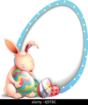Illustration of a rabbit with easter eggs beside an egg-shaped signage on a white background Stock Vector