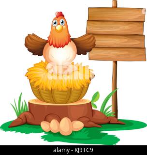 Illustration of a hen hatching eggs with a wooden signboard on a white background Stock Vector