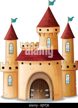 Illustration of a castle with three flags on a white background Stock ...