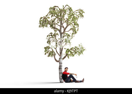 Tattooed man sitting under a birch tree and looking at the camera isolated on white background Stock Photo