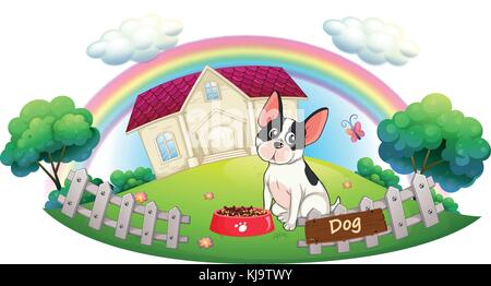 Illustration of a dog and his dog food in front of a house on a white background Stock Vector