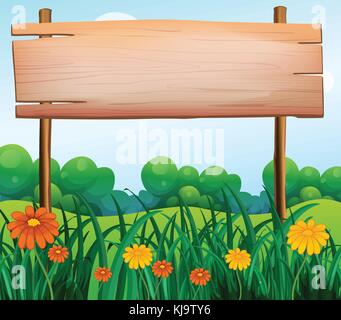 Garden scene with blank wooden board in oval shape with gardener doodle ...