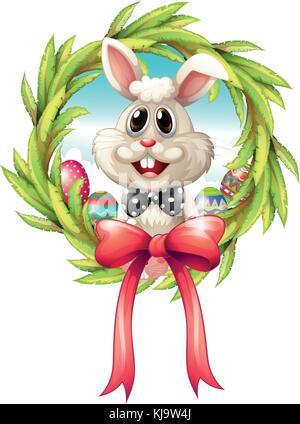 Illustration of a border with a bunny and a big ribbon on a white background Stock Vector