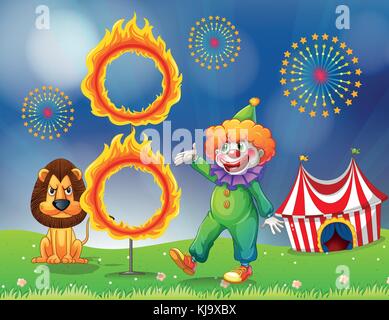 Illustration of a lion and a clown performing Stock Vector