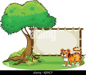 Illustration of a tiger beside a wooden frame near a big tree on a white background Stock Vector