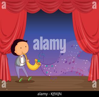 Illustration of a man performing on stage with musical notes Stock Vector